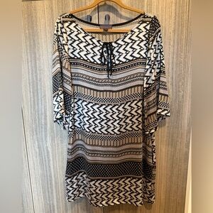 Hale Bob Black & White Geometric Silk Tie-Neck Tunic Dress size Med